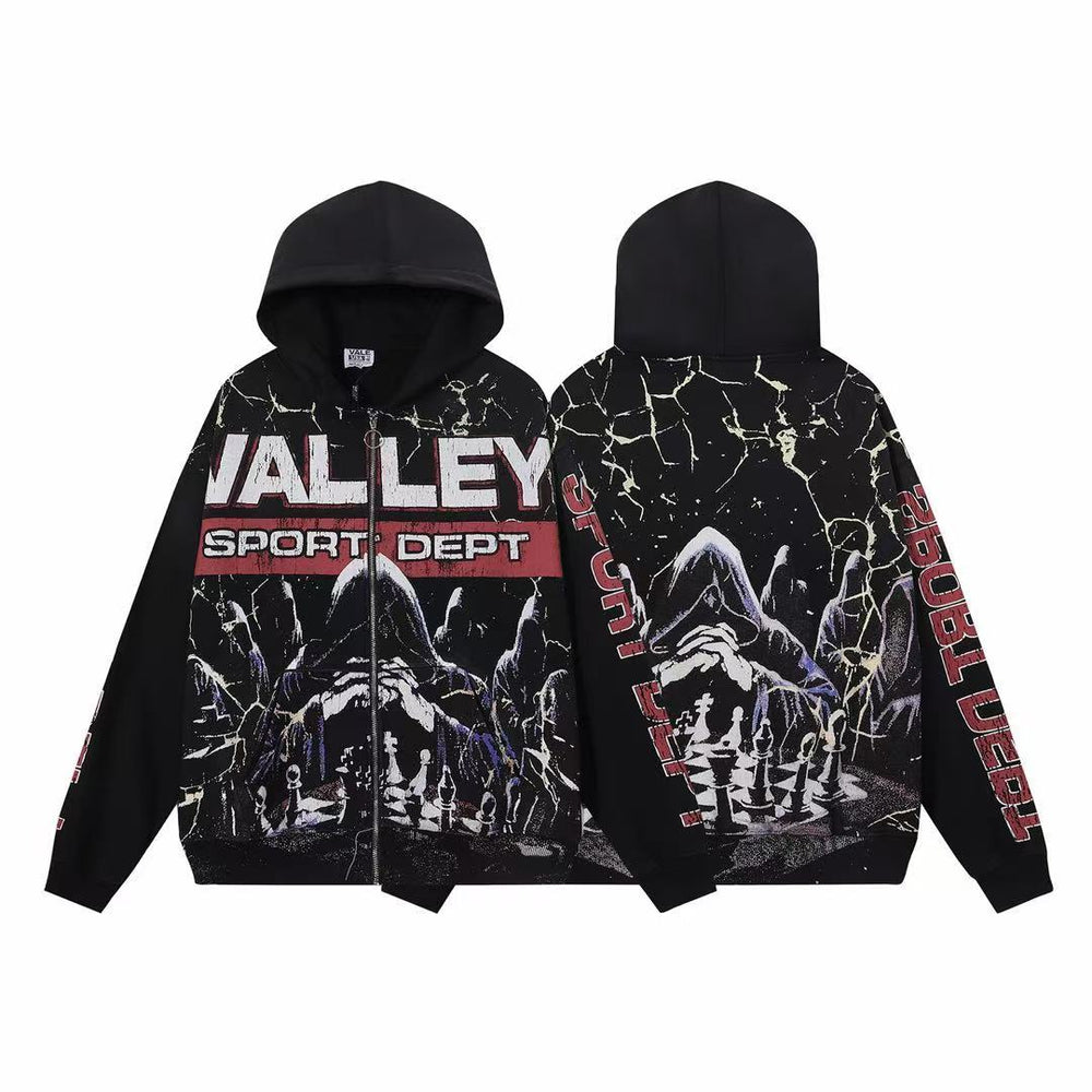 Vale Forever Valley Sport Dept Chess & Lightning Graphic Vintage Wash Full-Zip Hoodie