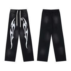Hellstar White Flame Graphic Washed Black Drawstring Sweatpant