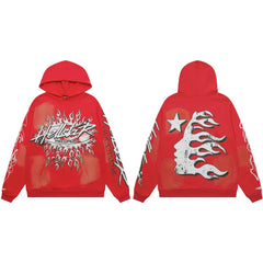 Hellstar Records Flaming Burst & Face Graphic Hoodie red