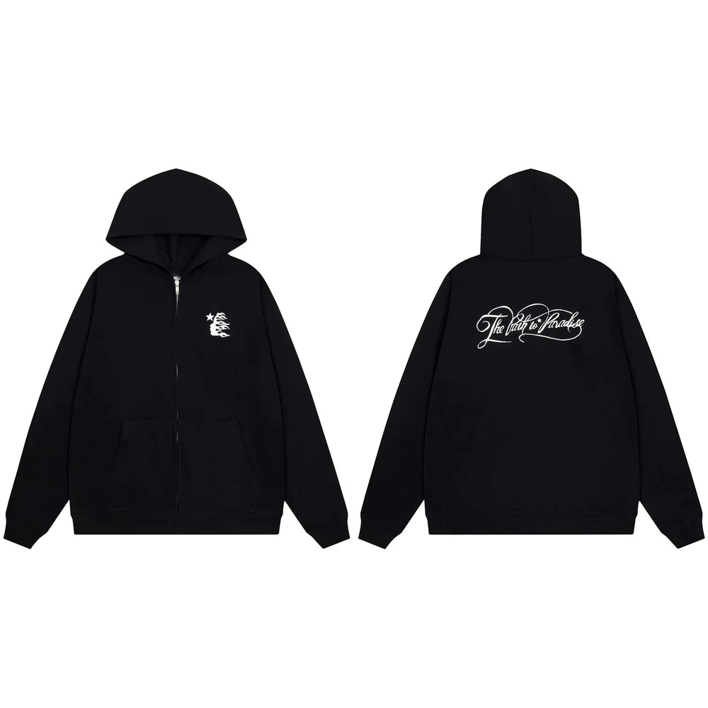 Hellstar Script Logo & Small Graphic Zip-Up Black Hoodie