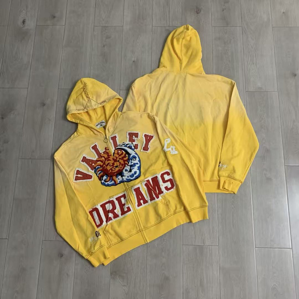 Vale Forever Valley Dreams Sun & Wave Graphic Vintage Wash Full-Zip Hoodie yellow