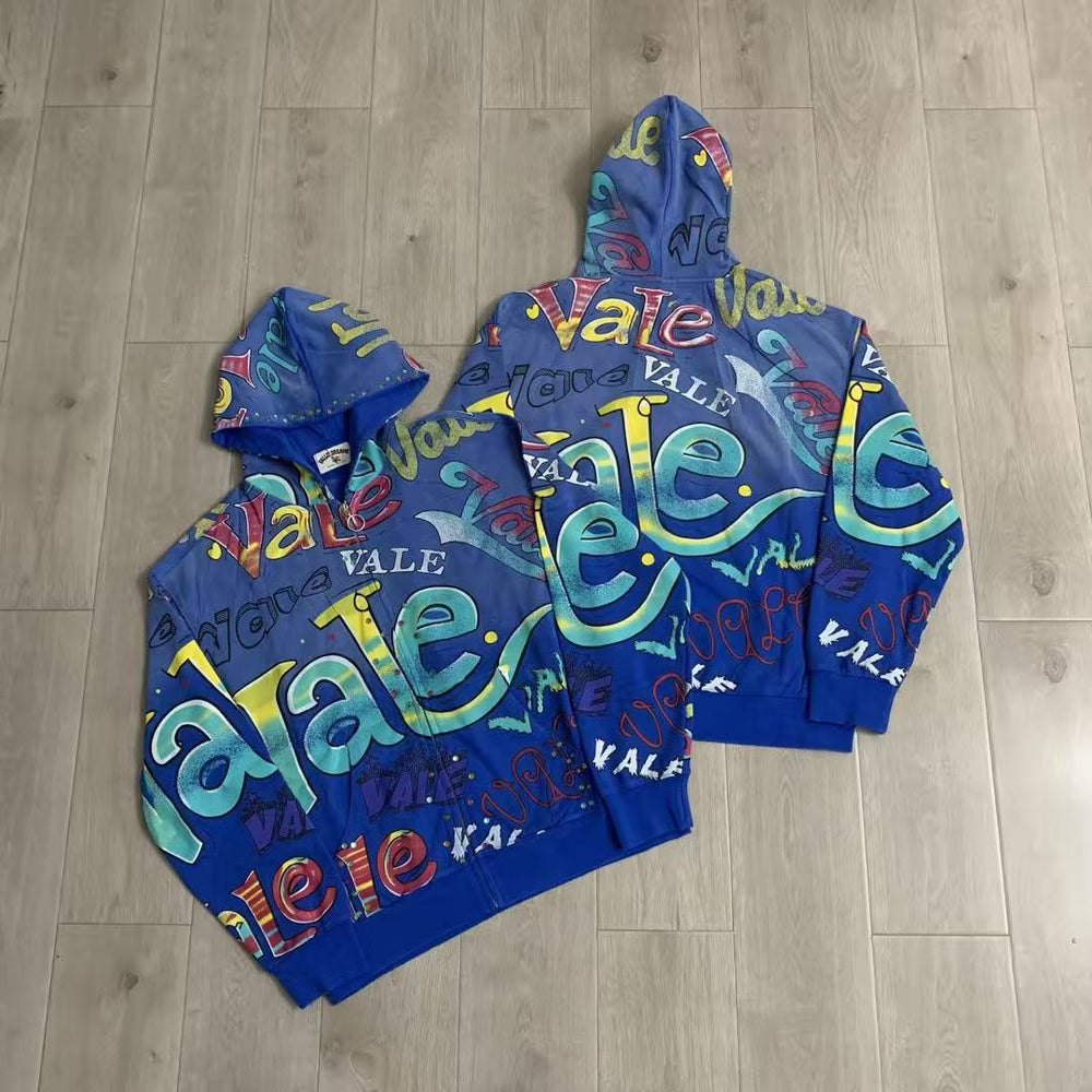 Vale Forever All-Over Vale Graffiti Print Vintage Wash Full-Zip Hoodie blue