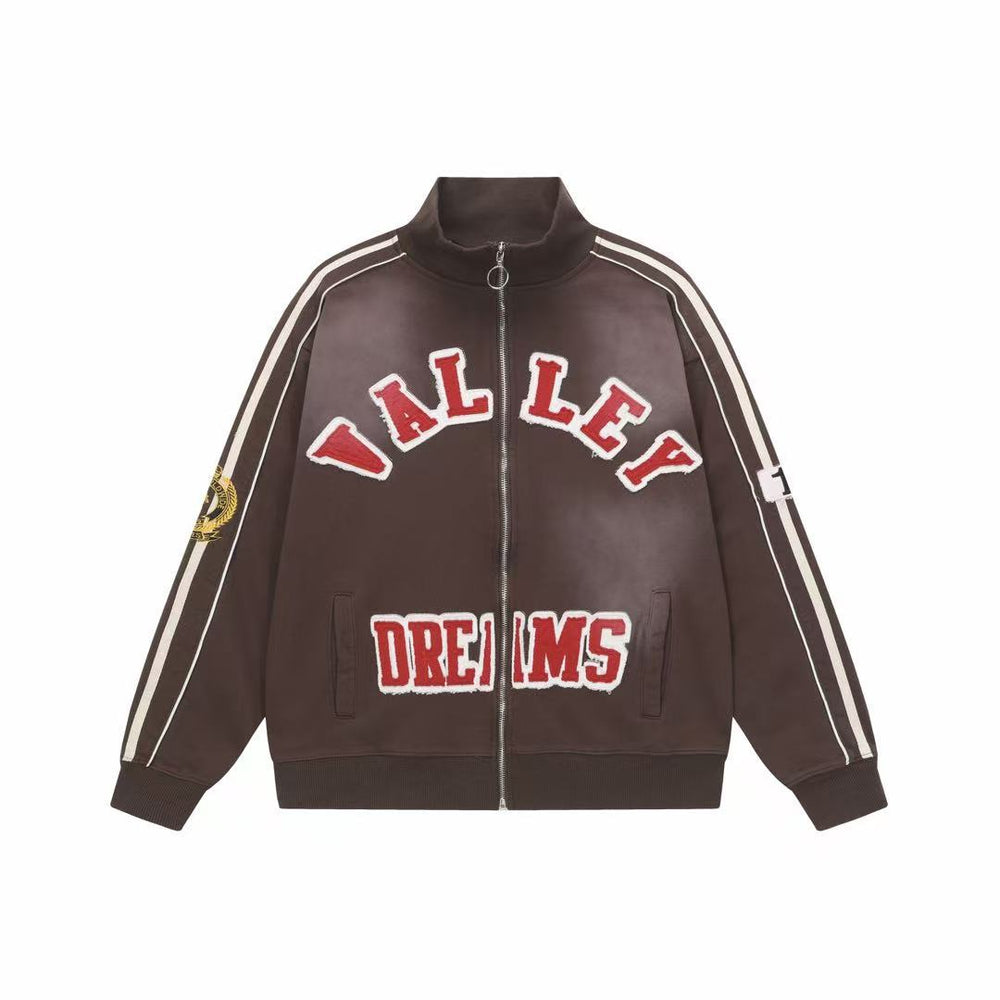 Vale Forever Valley Dreams Chenille Patch Lettering Vintage Wash Track Jacket brown