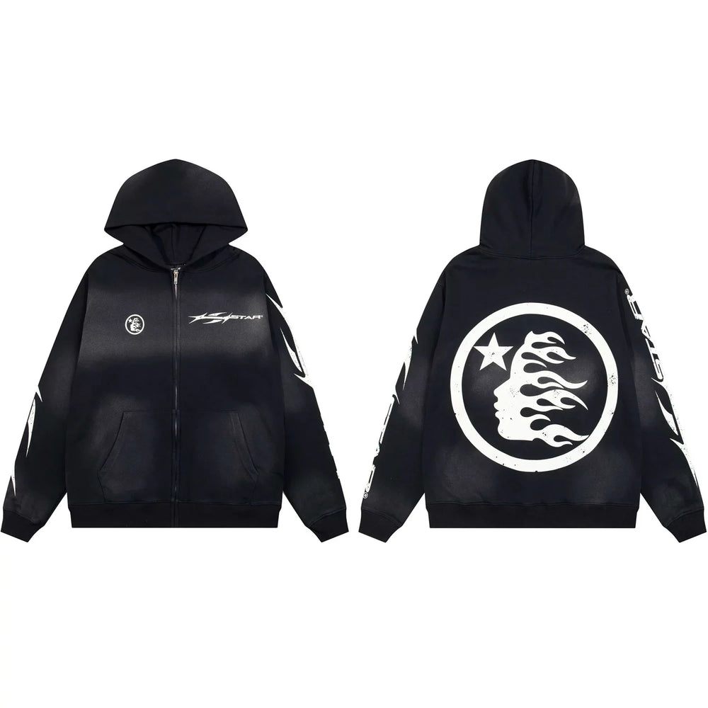 Hellstar Circular Flame Face Zip-Up Black Hoodie