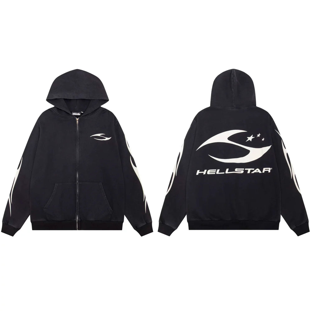 Hellstar Spiked Logo & Flame Zip-Up Black Hoodie