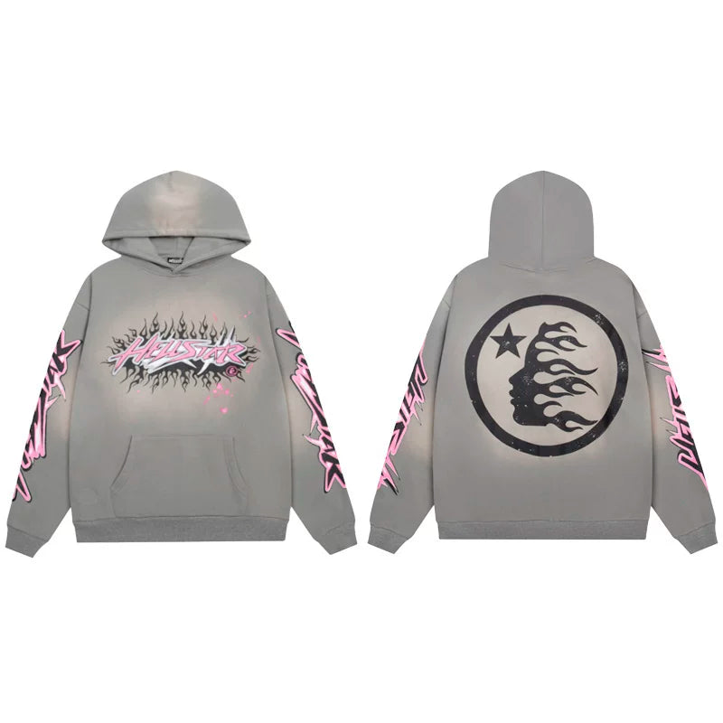Hellstar Pink & Black Flaming Logo Grey Hoodie