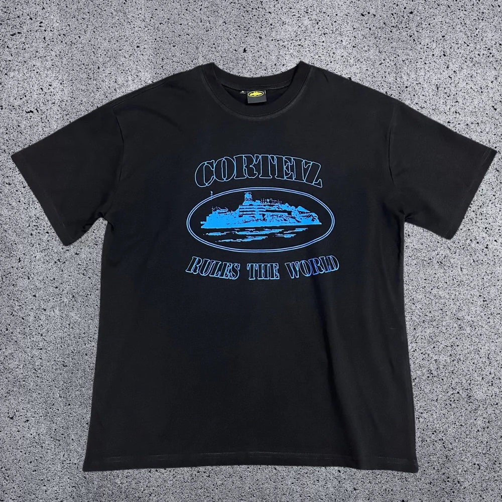 Corteiz "Rules The World" Alcatraz Graphic Tee (Black & Royal Blue Edition)