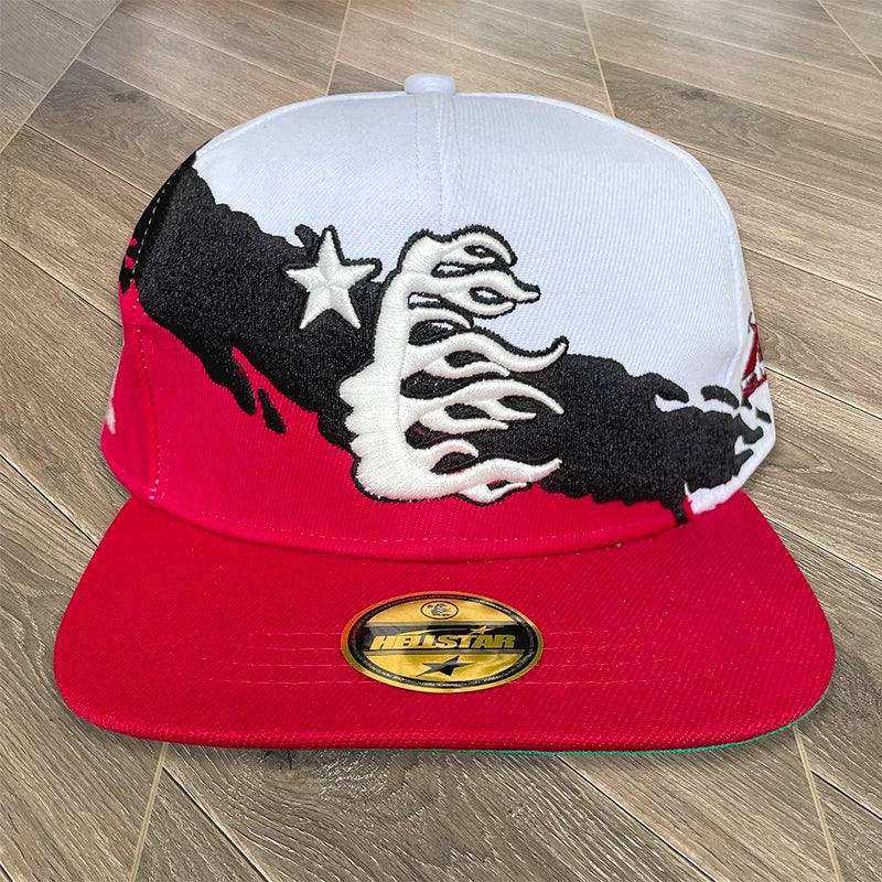 Hellstar Flame Colorblock Graphic Snapback Hat - White/Black/Red