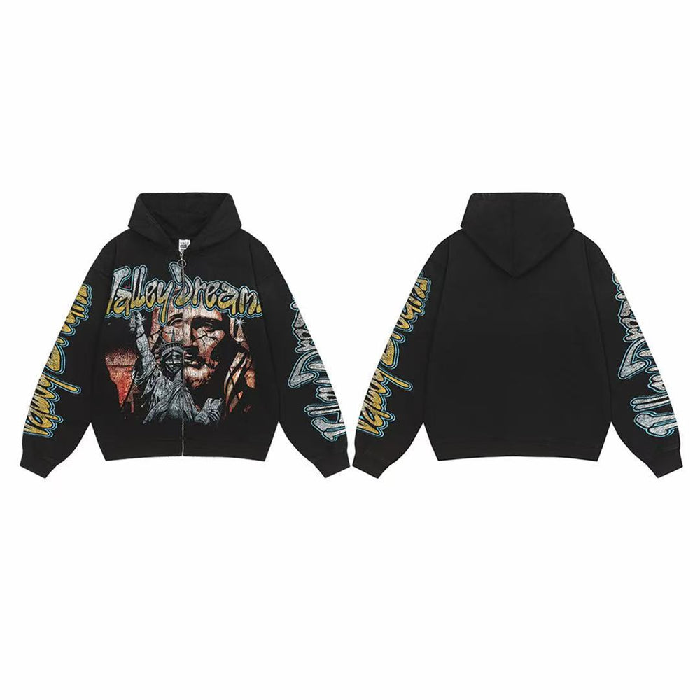 Vale Forever Valley Dreams Statue of Liberty & Portrait Graphic Vintage Wash Full-Zip Hoodie