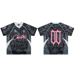 Corteiz Geometric Graphic Athletic Jersey T-Shirt - Black/Grey/Pink