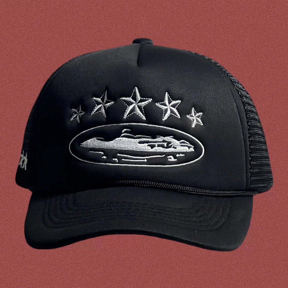 Vintage Black Trucker Hat with Silver Stars and Cruise Ship Graphic