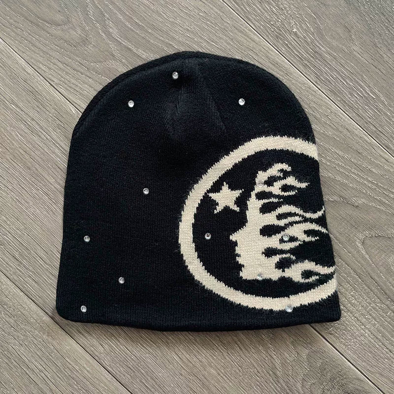 Hellstar Rhinestone Framed Flame Beanie - Black