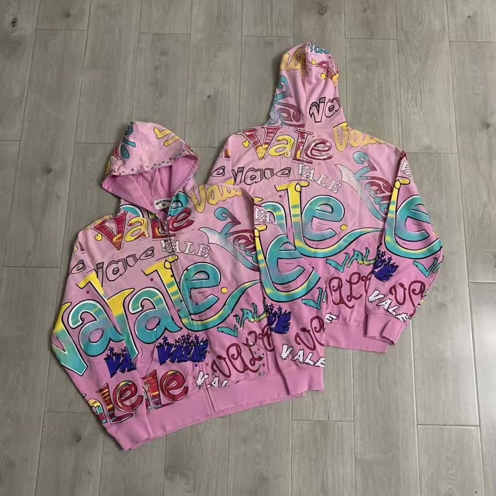 Vale Forever All-Over Vale Graffiti Print Vintage Wash Full-Zip Hoodie pink