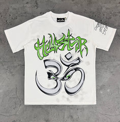 Hellstar Om Symbol Green Graffiti White Tee