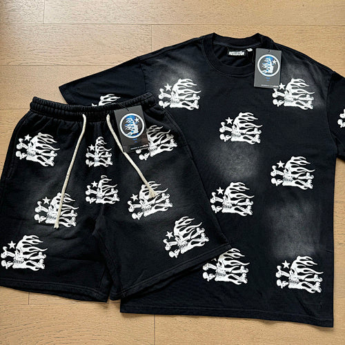 Hellstar All-Over Skull Flame Print Tee & Shorts Set