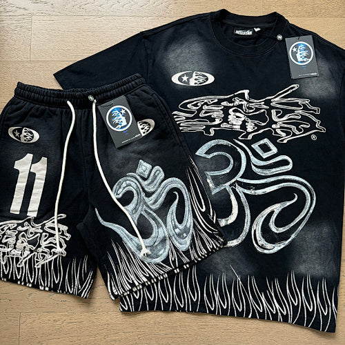 Hellstar 11 Symbol & Flame Graphic Tee & Shorts Set (Washed Black & Grey)