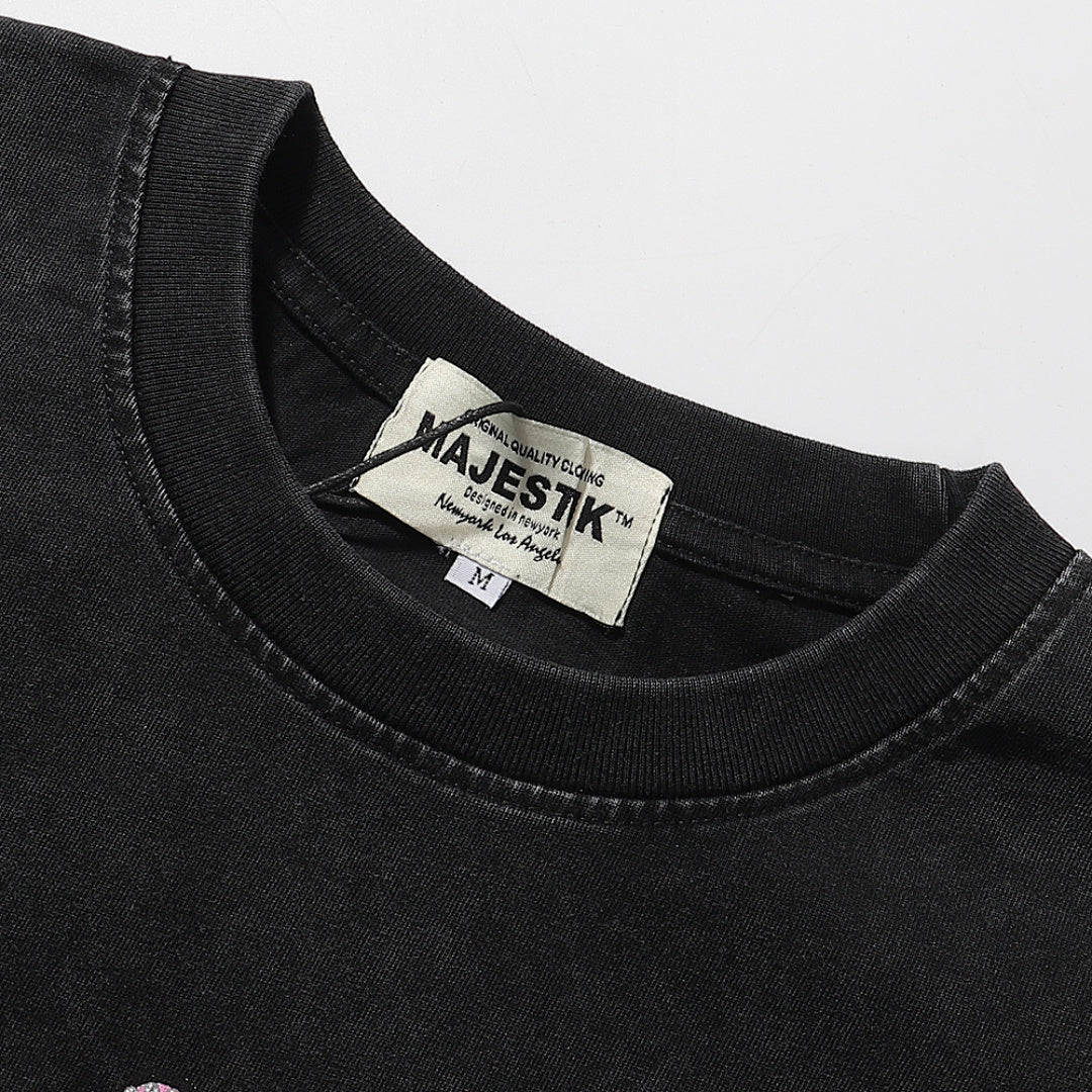 Majestik “Fearless” Angel & Demon Rhinestone Vintage Tee（Black）