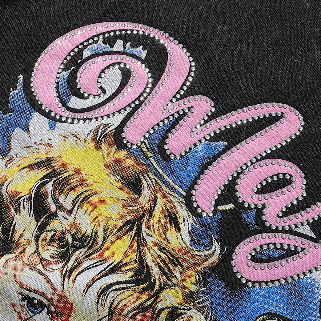 Majestik “Fearless” Angel & Demon Rhinestone Vintage Tee（Black）