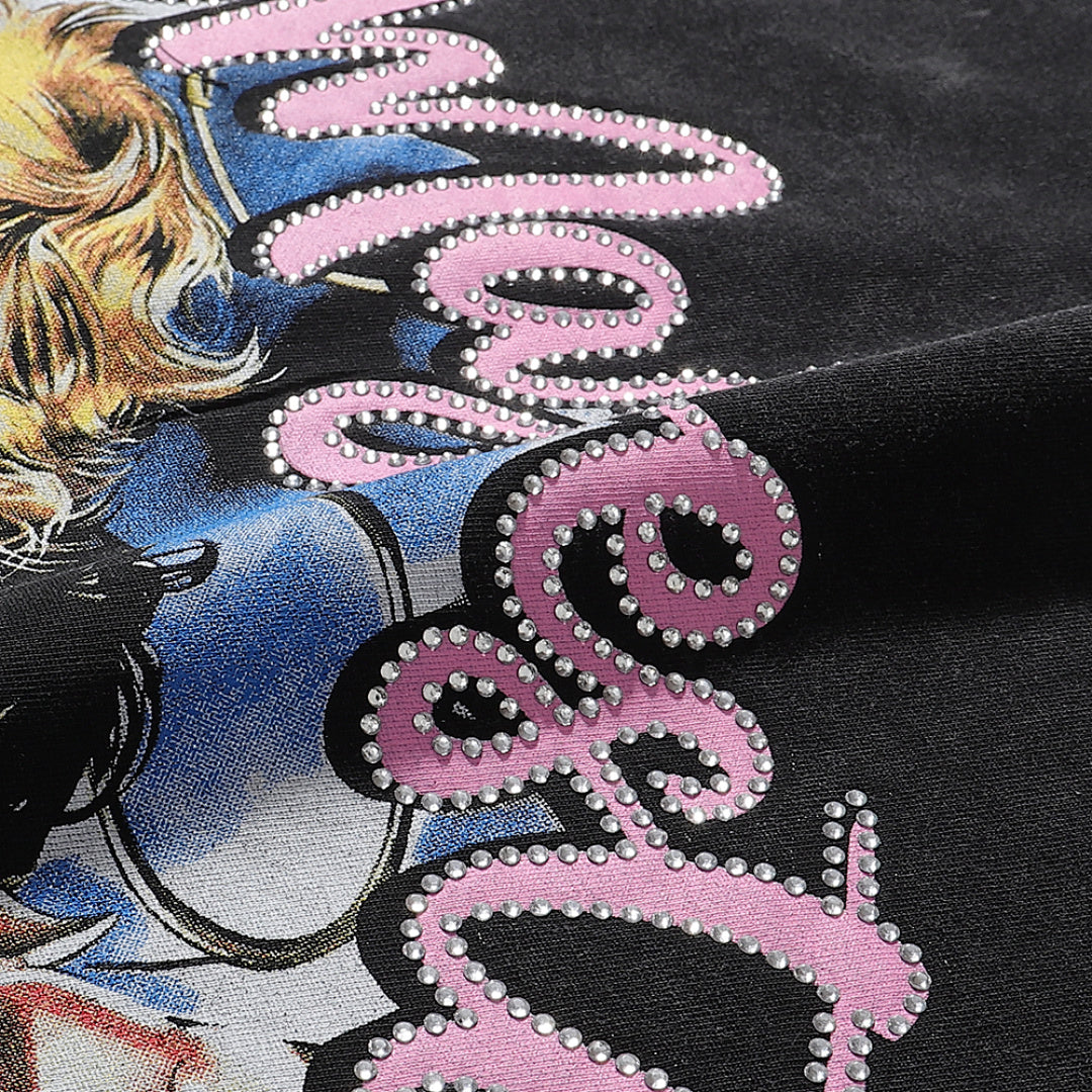 Majestik “Fearless” Angel & Demon Rhinestone Vintage Tee（Black）