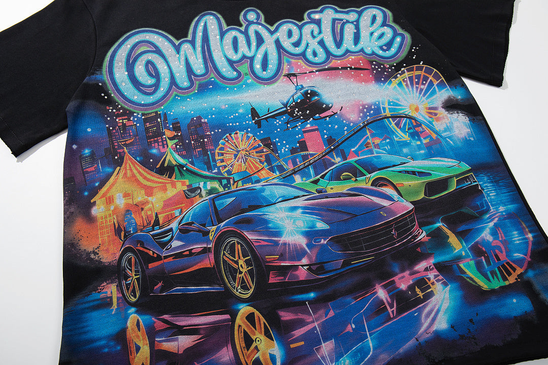 Majestik “Neon Supercars” Rhinestone Graphic Tee