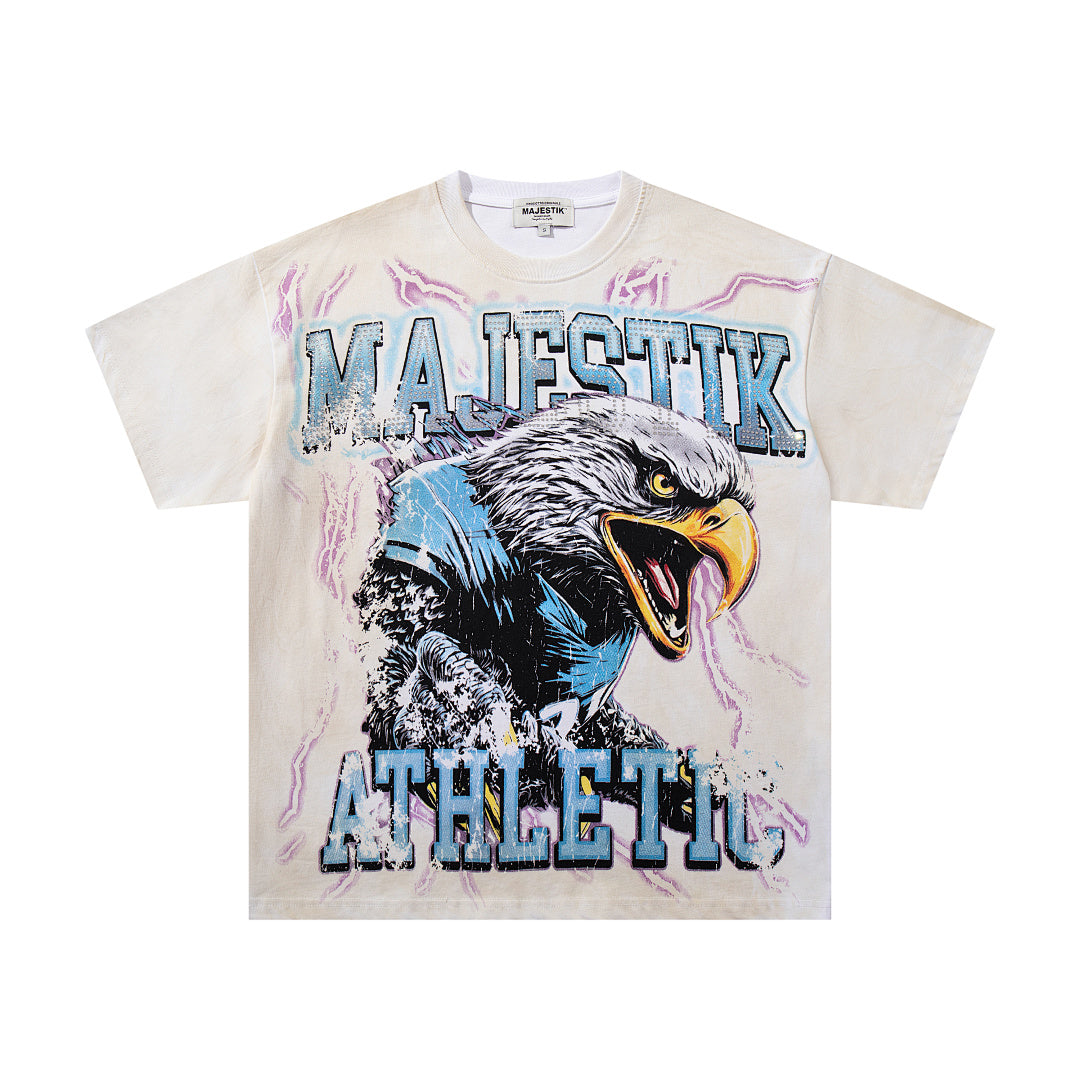 Majestik “Athletic” Eagle Rhinestone Vintage Tee（White）