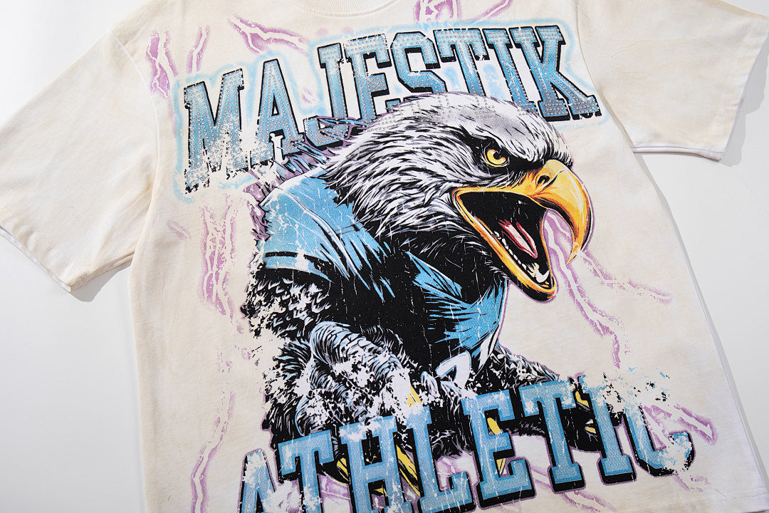 Majestik “Athletic” Eagle Rhinestone Vintage Tee（White）