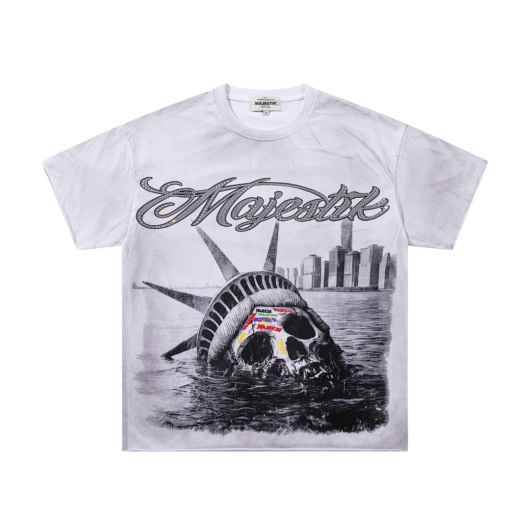 Majestik “Dystopian Liberty” Skull Rhinestone Vintage Tee