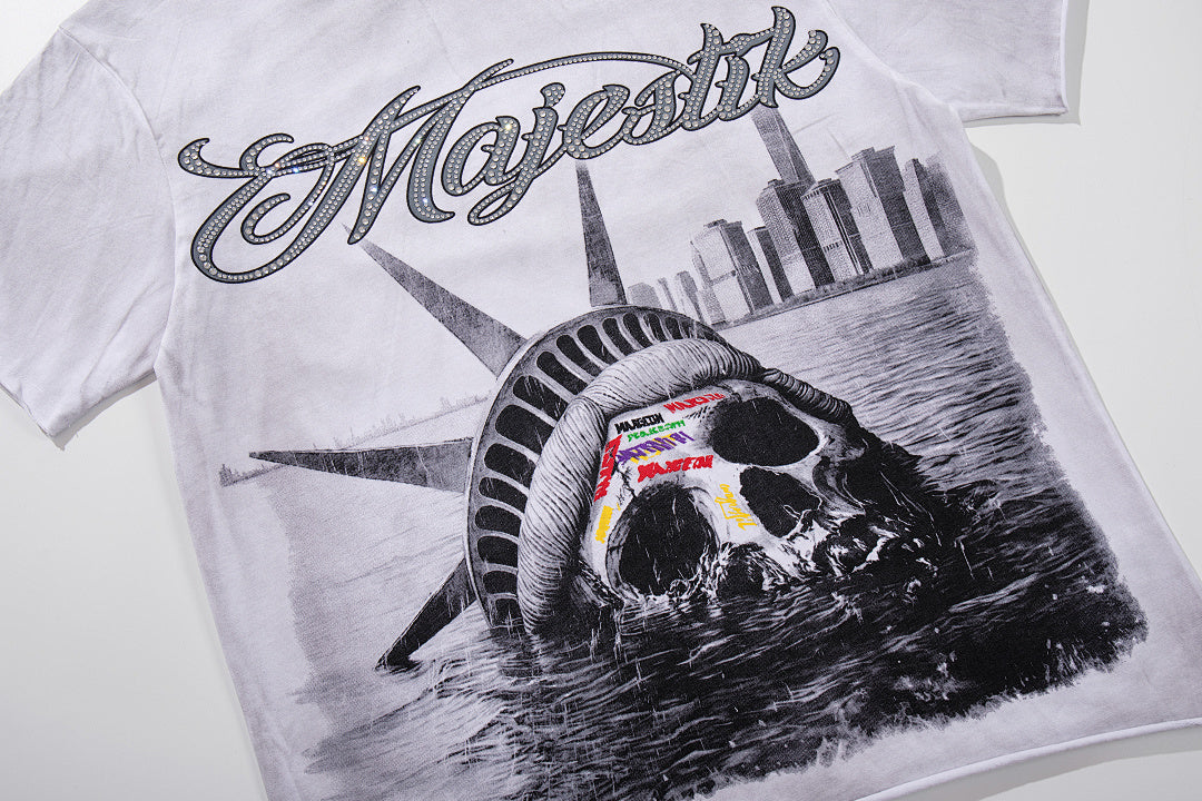 Majestik “Dystopian Liberty” Skull Rhinestone Vintage Tee