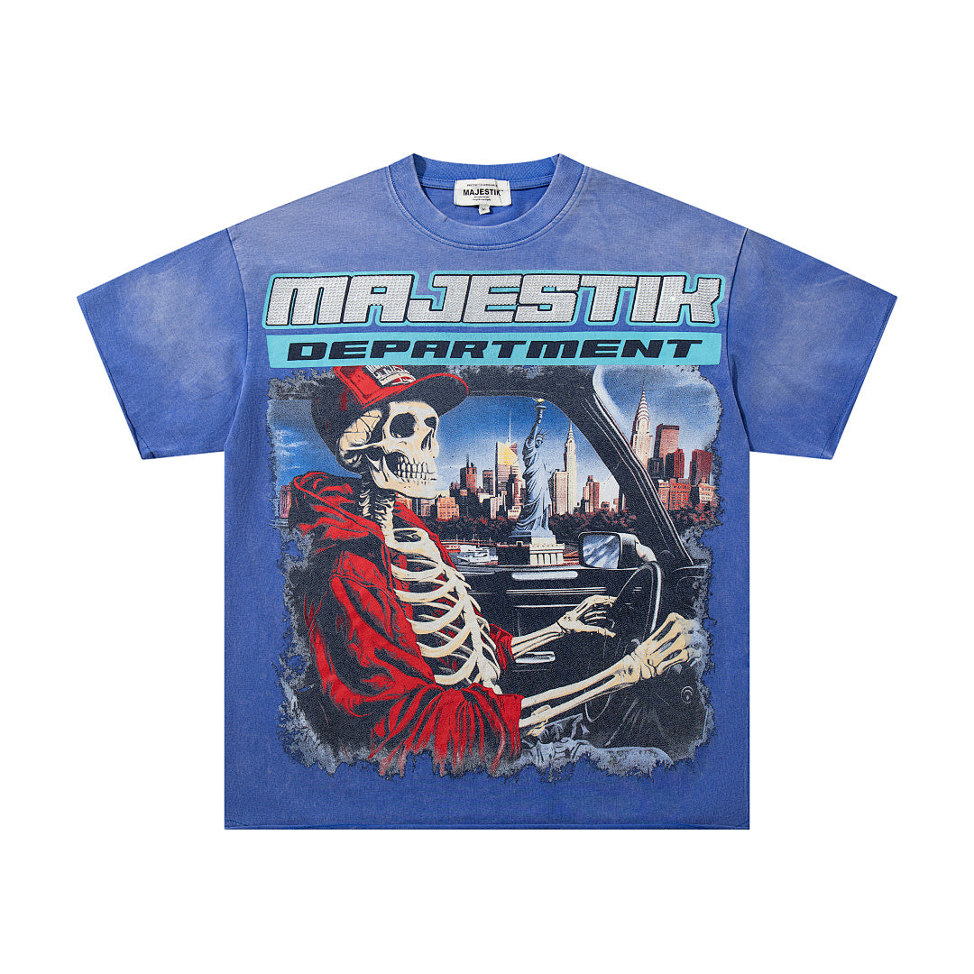 Majestik “Department” Skeleton Driving Rhinestone Vintage Tee