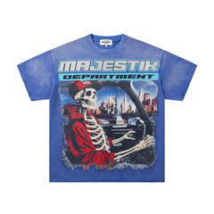 Majestik “Department” Skeleton Driving Rhinestone Vintage Tee