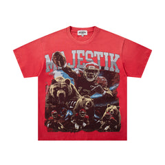 Majestik “Football Bears” Rhinestone Vintage Tee（Red）
