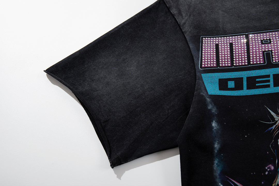Majestik “Space Rider” Rhinestone Department Vintage Tee（Black）