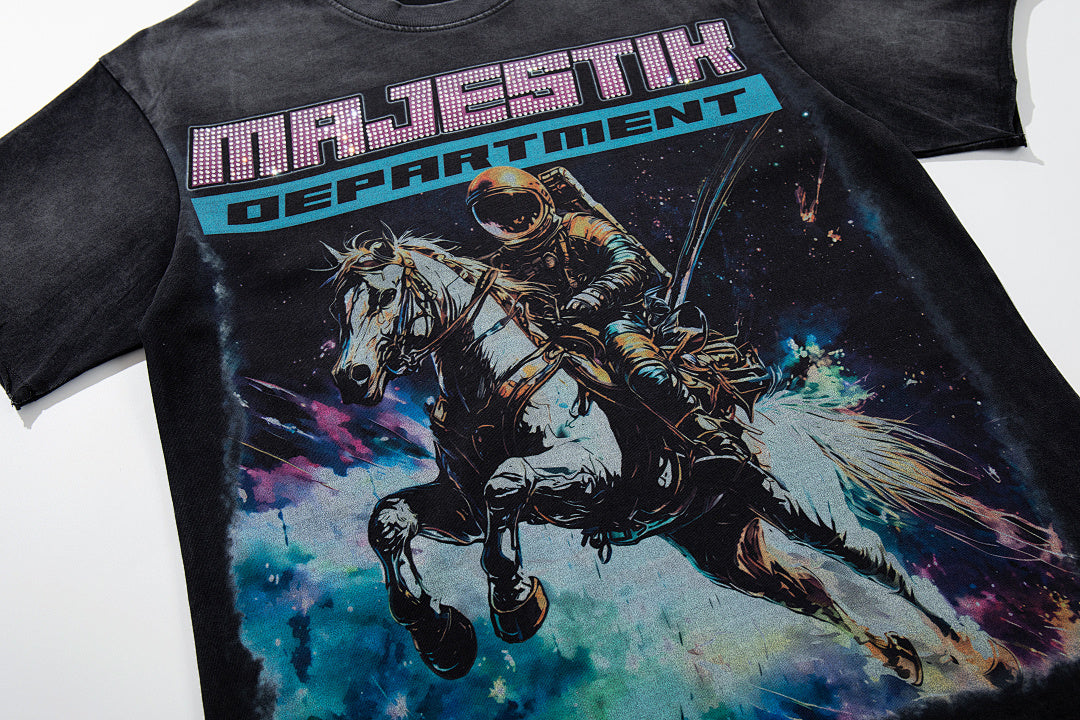 Majestik “Space Rider” Rhinestone Department Vintage Tee（Black）