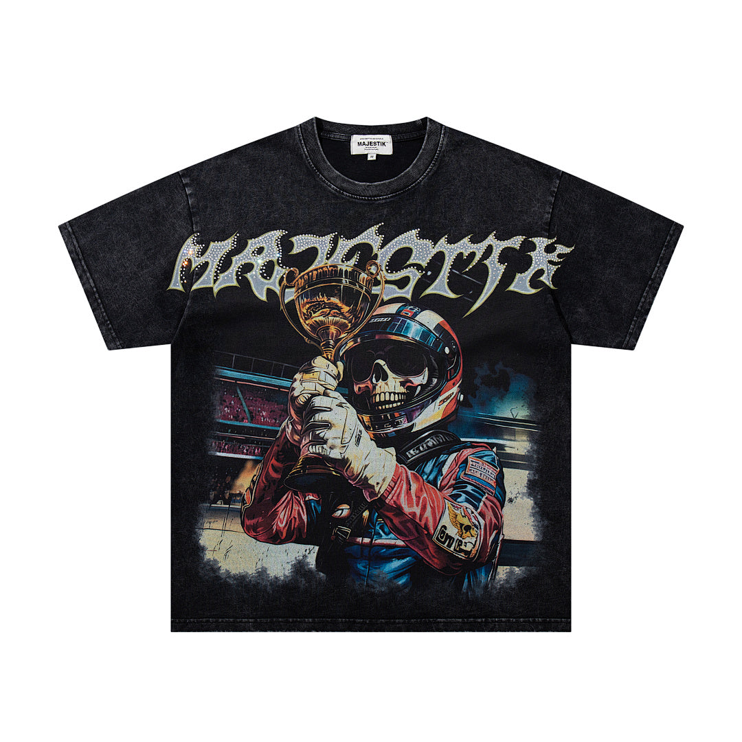 Majestik “Victory Lap” Racing Skeleton Rhinestone Vintage Tee（Black）