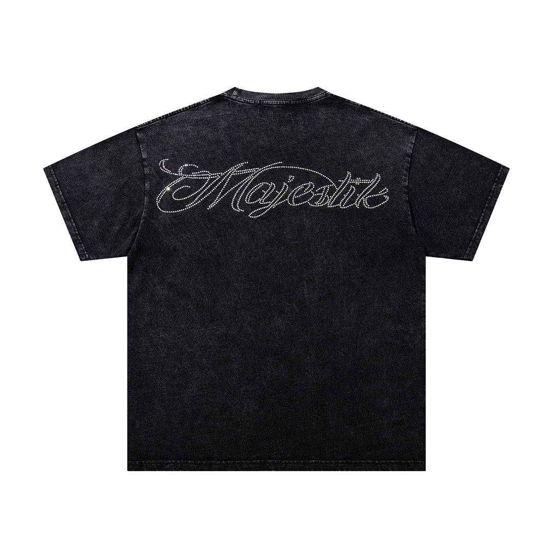 Majestik “Victory Lap” Racing Skeleton Rhinestone Vintage Tee（Black）