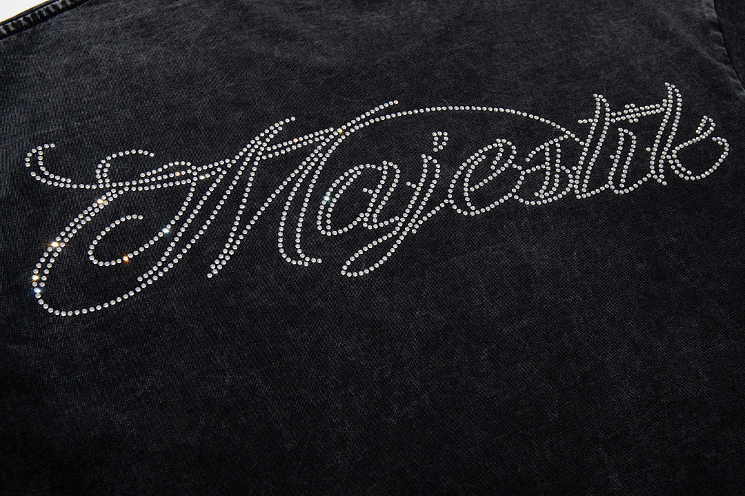 Majestik “Victory Lap” Racing Skeleton Rhinestone Vintage Tee（Black）