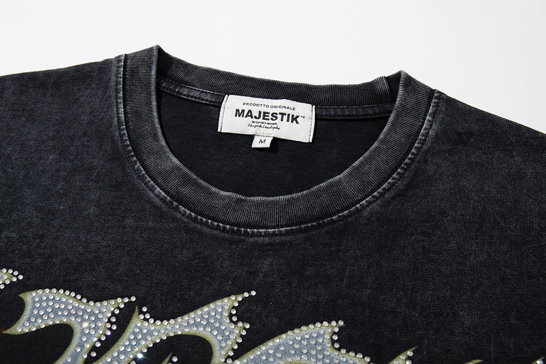 Majestik “Victory Lap” Racing Skeleton Rhinestone Vintage Tee（Black）