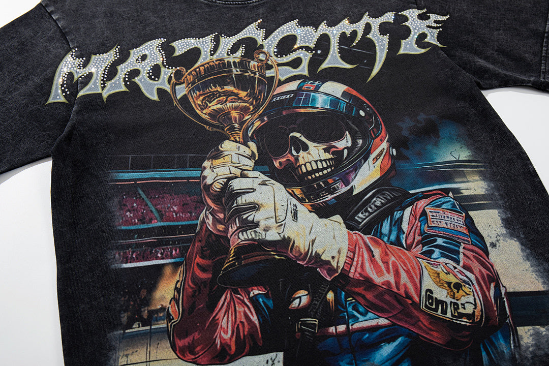 Majestik “Victory Lap” Racing Skeleton Rhinestone Vintage Tee（Black）