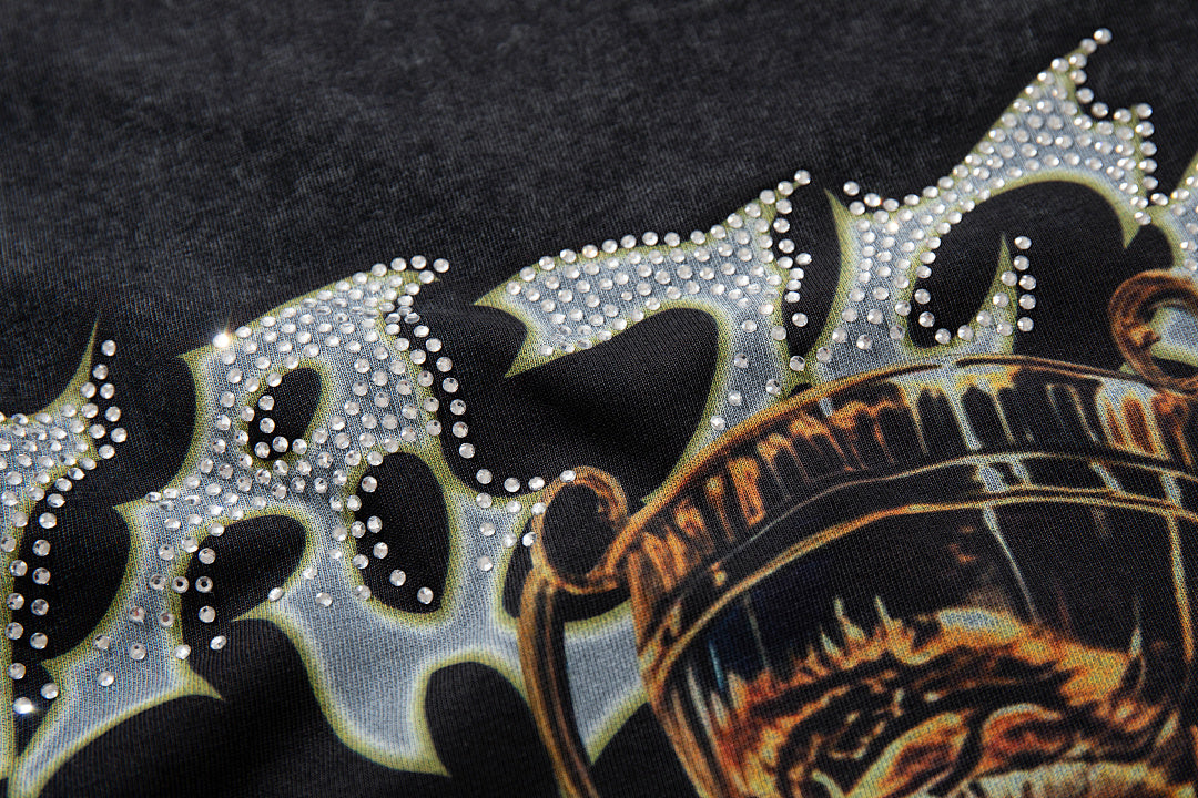Majestik “Victory Lap” Racing Skeleton Rhinestone Vintage Tee（Black）