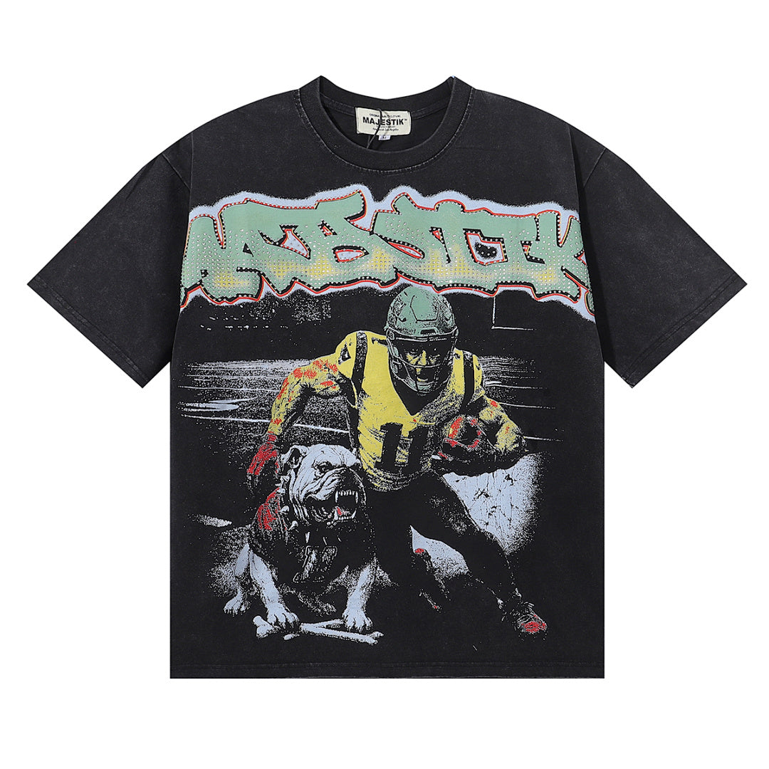 Majestik “Gridiron Dawg” Football Player & Bulldog Rhinestone Vintage Tee