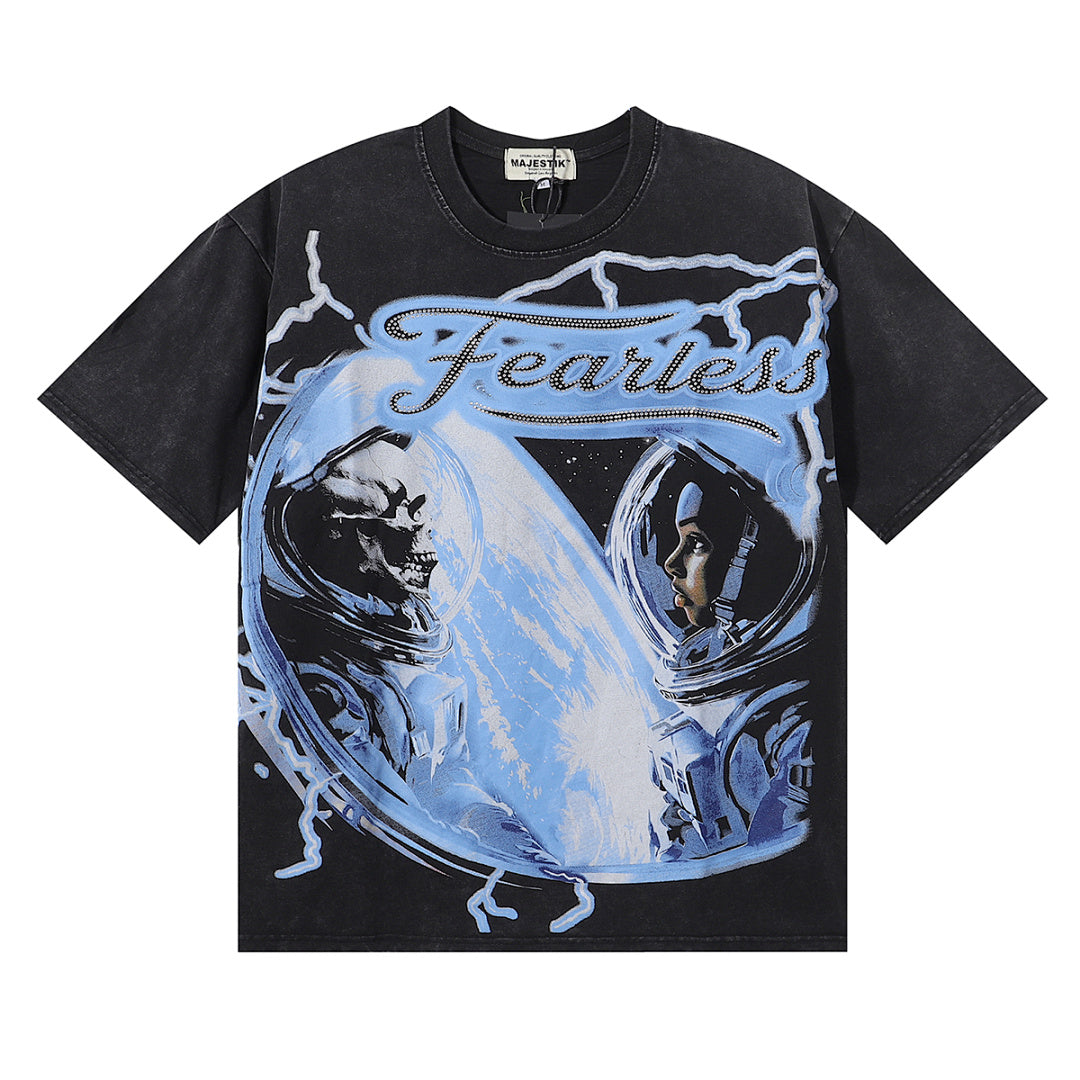 Majestik “Fearless” Astronaut & Skeleton Rhinestone Vintage Tee