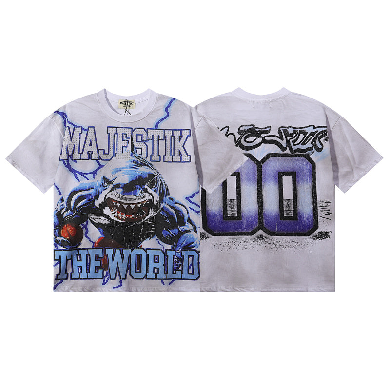 Majestik “The World” Shark Graphic Rhinestone Vintage Tee