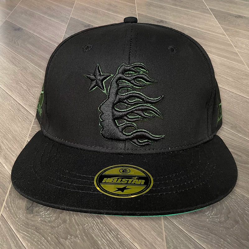 Hellstar Flame Side Profile Graphic Snapback Hat - Black/Dark Green