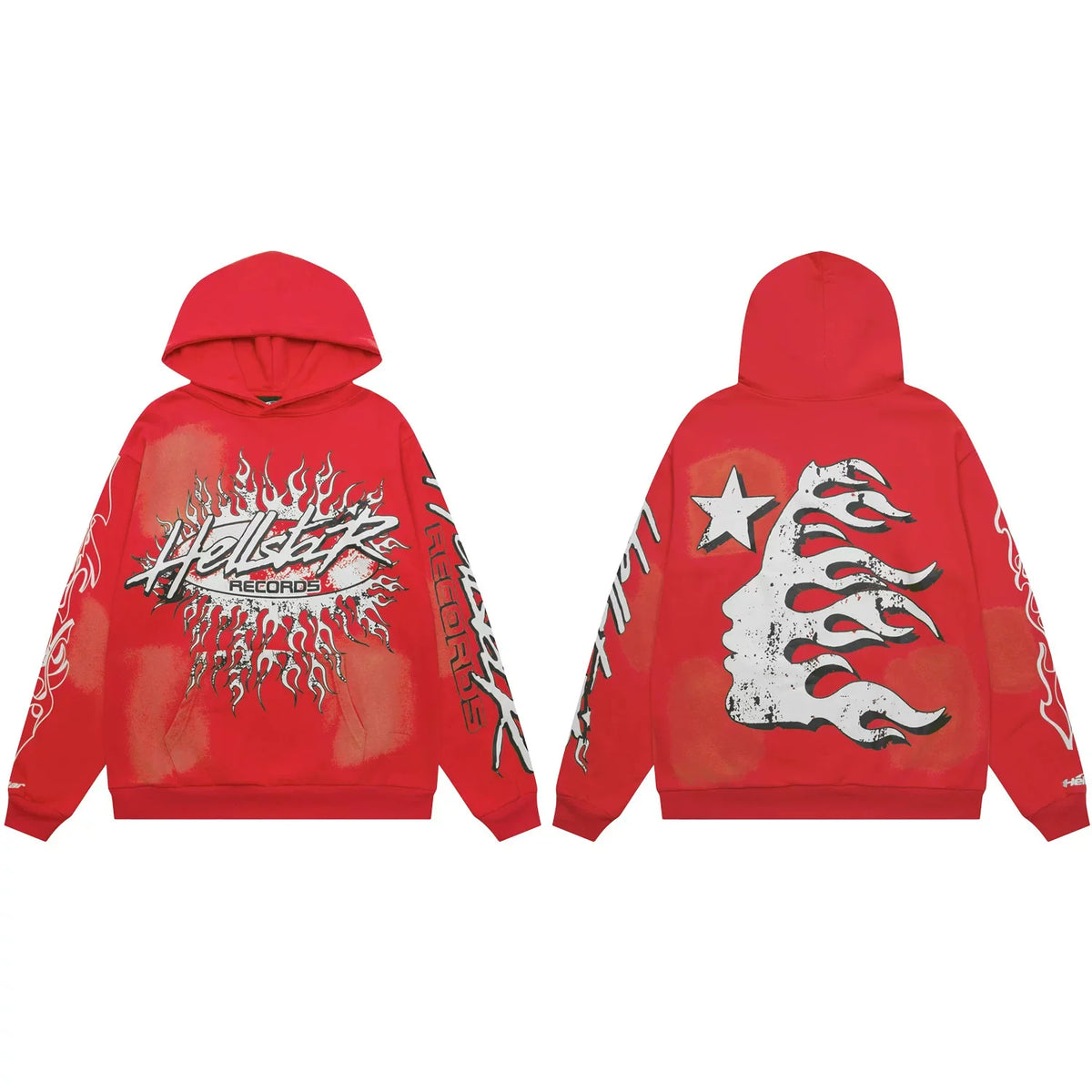 Hellstar Records Flaming Burst & Face Graphic Hoodie red
