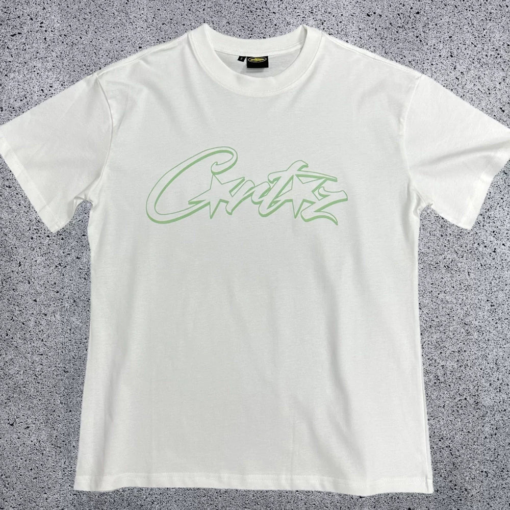 Mint Green Accent Star-Logo Graphic Tee - White & Green Streetwear T-Shirt