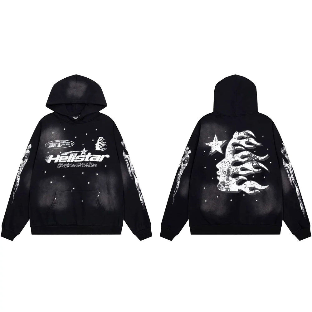 Hellstar Starry Night Flame Face Graphic Hoodie black