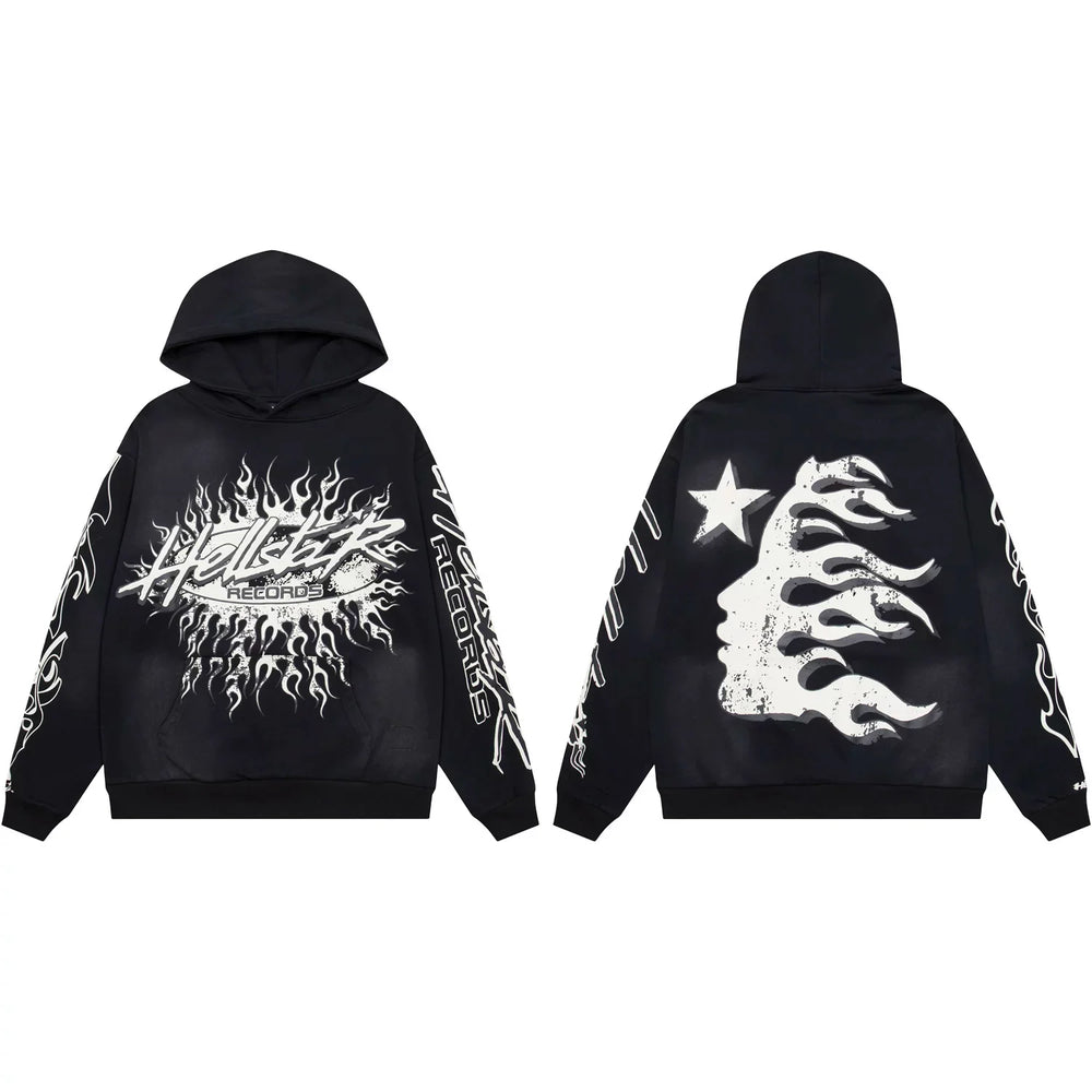 Hellstar Records Flaming Burst & Face Graphic Hoodie black