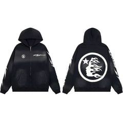 Hellstar Circular Flame Face Zip-Up Black Hoodie