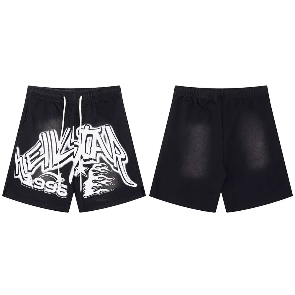 Hellstar Bold Typography & Flame Black Shorts