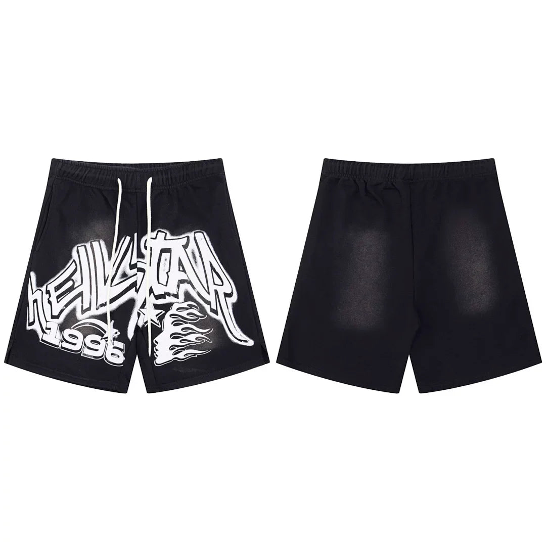 Hellstar Bold Typography & Flame Black Shorts